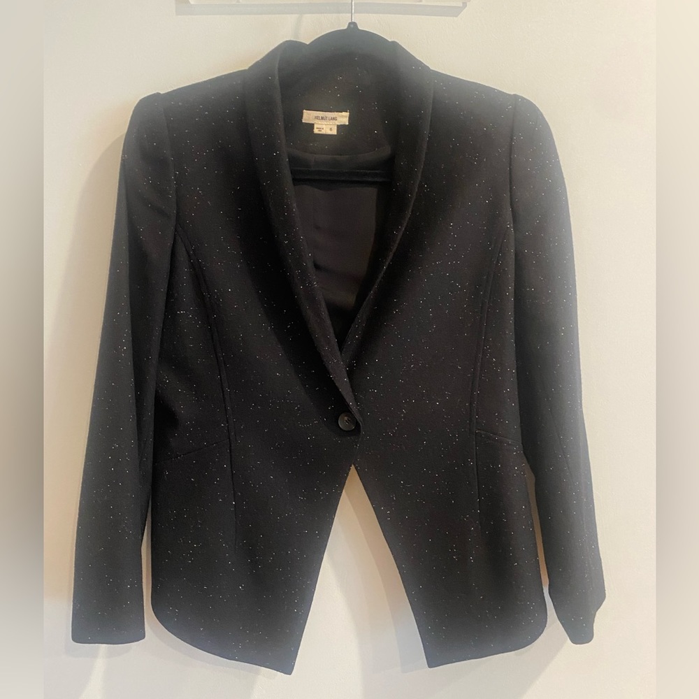 Helmut Lang- Assymetrical Wool Blazer.  Black with white flecks.  Size 6.